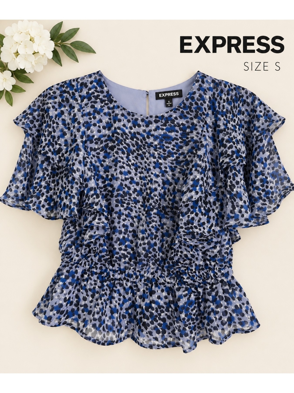 EUC Express Feminine Sheer Flutter Sleeve Lined Peplum Top, Size S